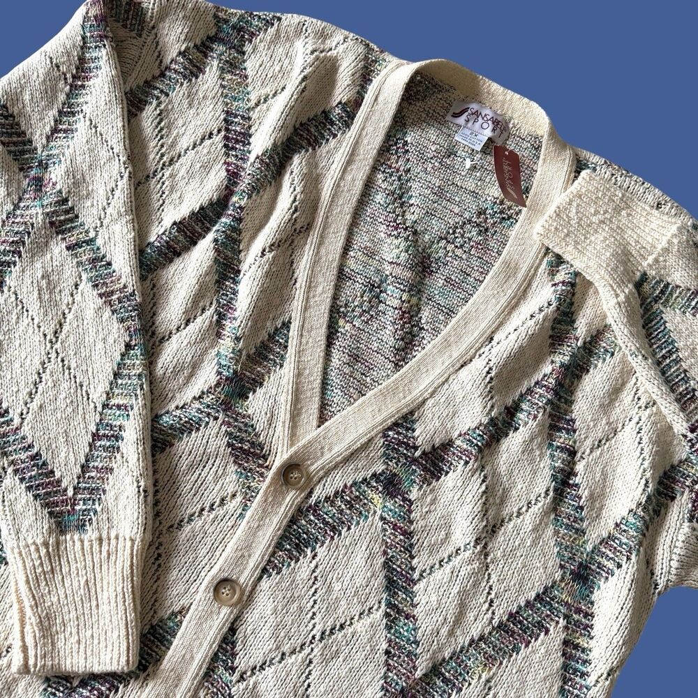 Vtg Diamond Zig Zag Geometric Colorful Grandpa Cardigan Sweater USA Cotton 2X